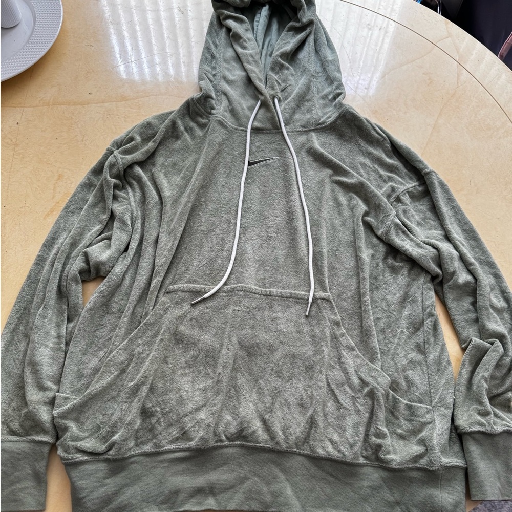 Nike Olive Green Pullover Hoodie with White Drawstrings small